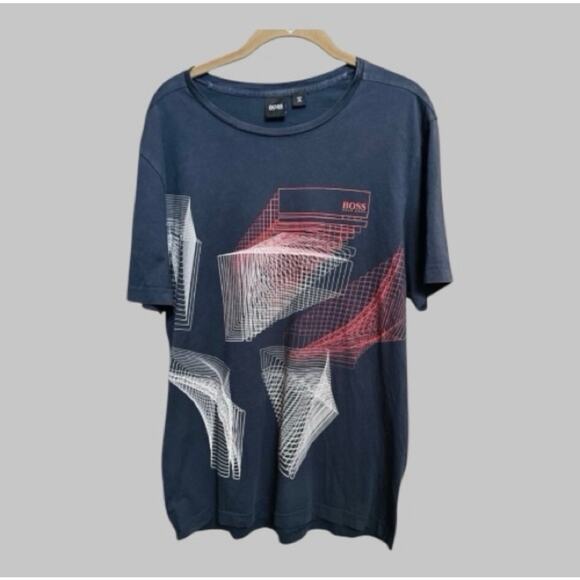 Hugo Boss Men’s Short Sleeve T Shirt Navy Geometric Graphic Soft Cotton Lg - Picture 1 of 12